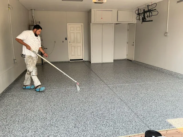 Applying clear top coat over blue flake epoxy
