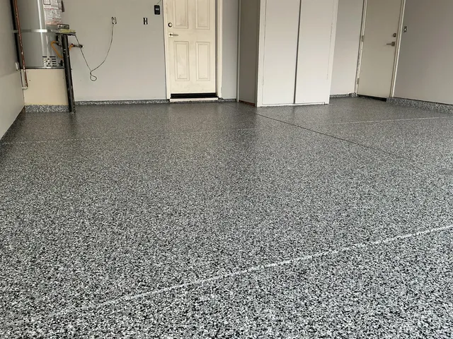 Gray flake epoxy garage floor finished